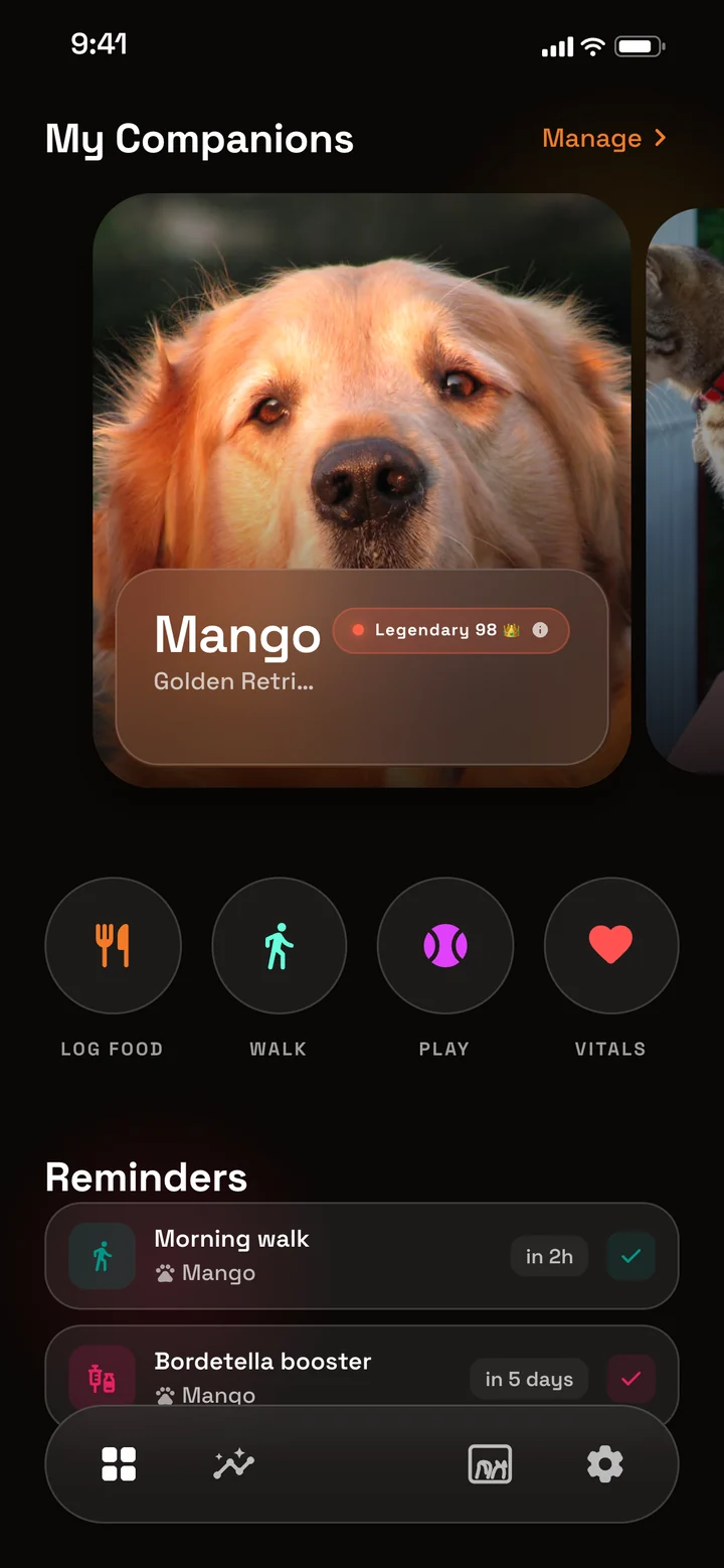Loonee's Home screen: Mango, a golden retriever, at Legendary 98, with buttons to log food, a walk, play and vitals, and two upcoming reminders.